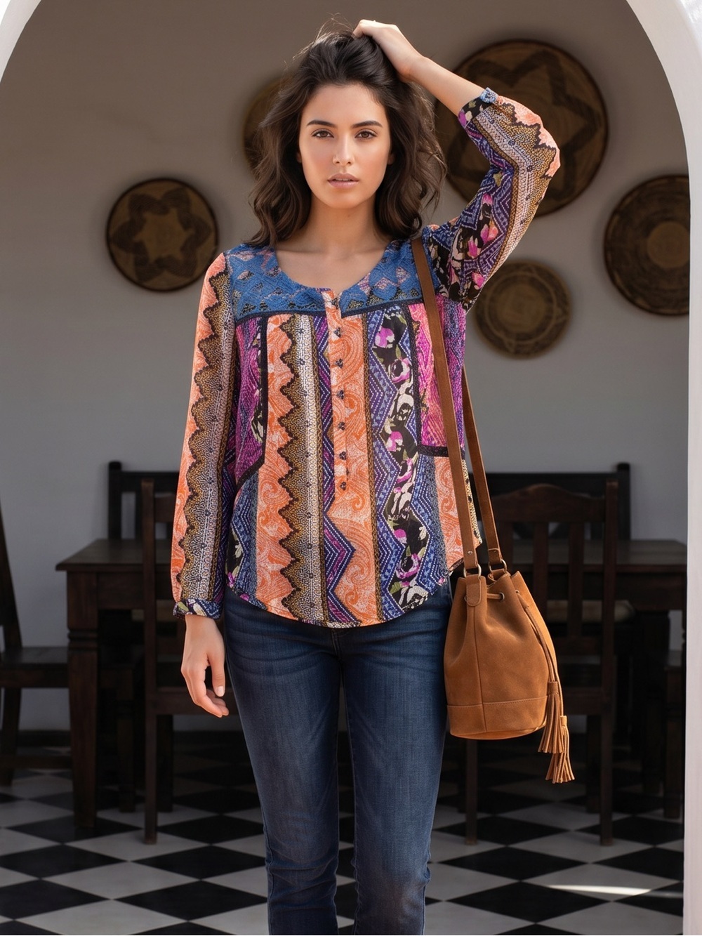 Vanessa Virginia Lenora Embroidered Patchwork boho hipster Henley Blouse
